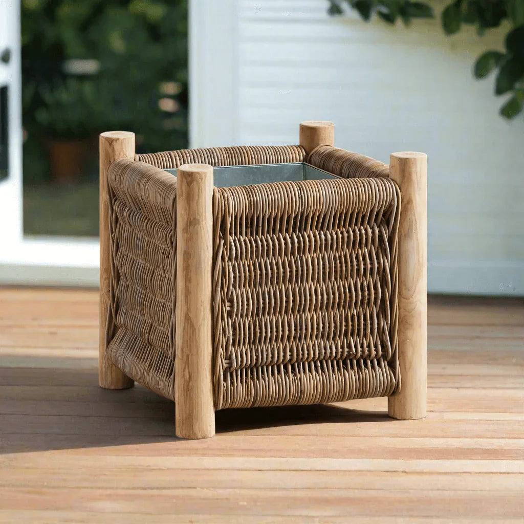 Vintage Rattan Planter with Teak Legs - House Of Avana