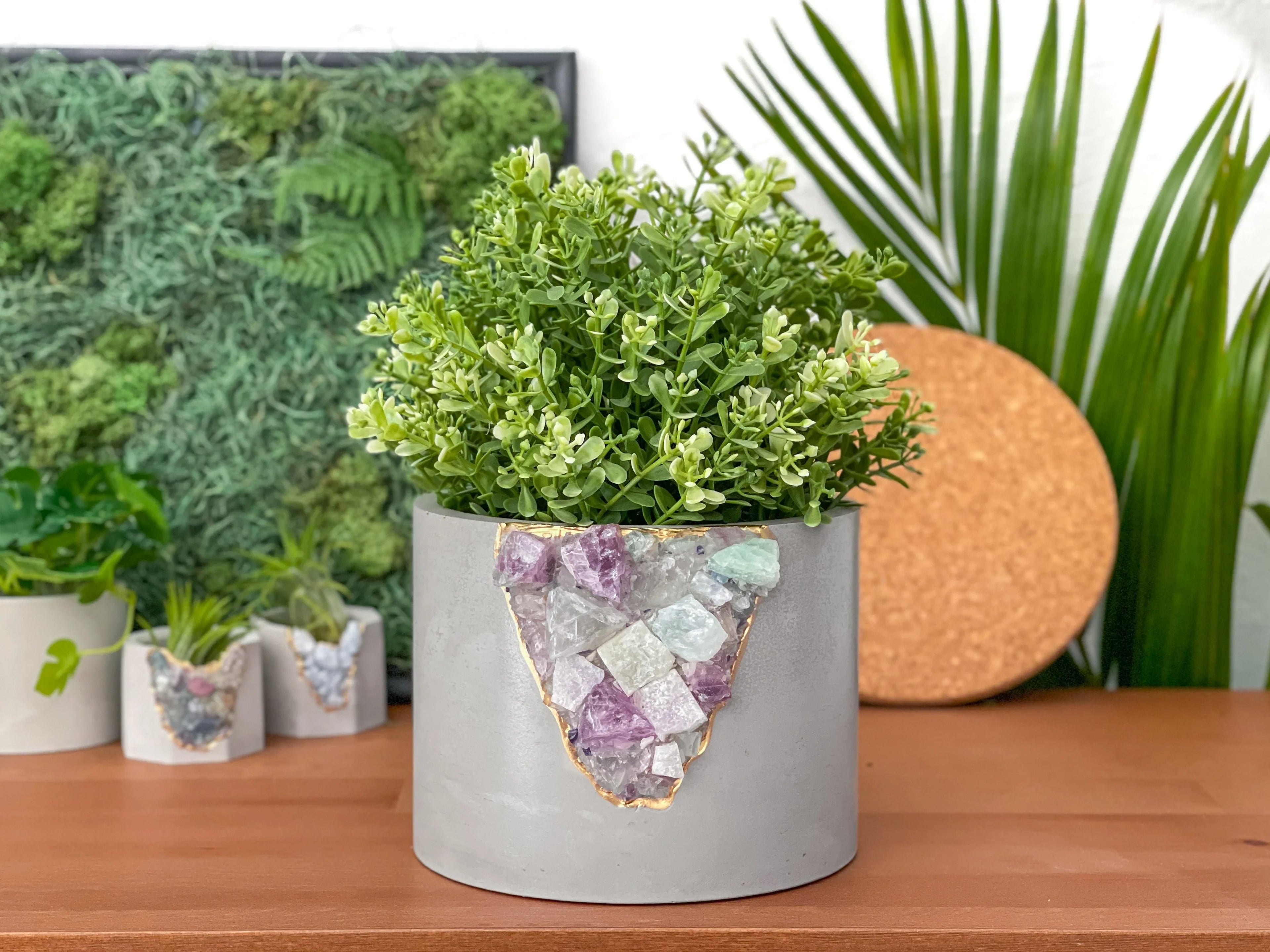 Fluorite Geode 6" Planter with Natural Stone and Hollow Center, side view - House Of Avana