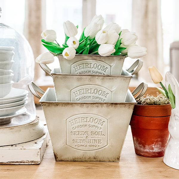 Vintage Inspired Heirloom Garden Supply Metal Planters, Set of Three Decor Steals