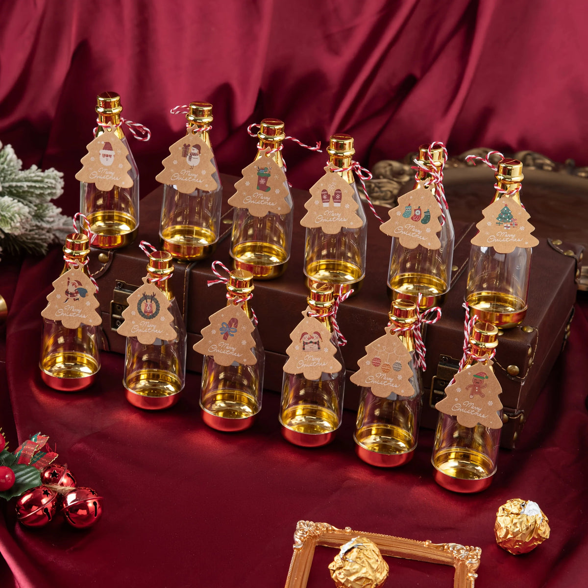 12pcs Ultra Cute Vintage Champagne Bottle Candy Boxes for Christmas Party - Perfect for Party Gifts, Christmas Gifts, and More, Party Decorations, Festive Gifts, Vintage Design, Durable Plastic, Gift Containers, Holiday Decor House Of Avana [[SKU:HOA-MSC-039]]