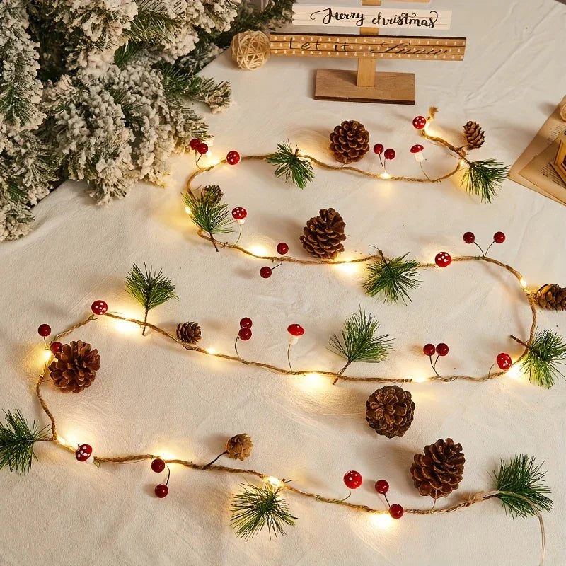 [Christmas Light String] Christmas Decoration Light String | 1pc, Green Leaf Pine Needle (Plastic Pine Cone) Mushroom Light, 6.56 Feet 20 LED, No Battery - New Year, Office, Room, Wedding, Home Wall Decoration House Of Avana