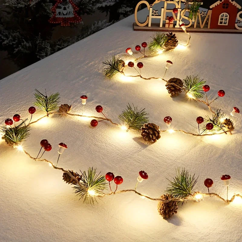 [Christmas Light String] Christmas Decoration Light String | 1pc, Green Leaf Pine Needle (Plastic Pine Cone) Mushroom Light, 6.56 Feet 20 LED, No Battery - New Year, Office, Room, Wedding, Home Wall Decoration House Of Avana