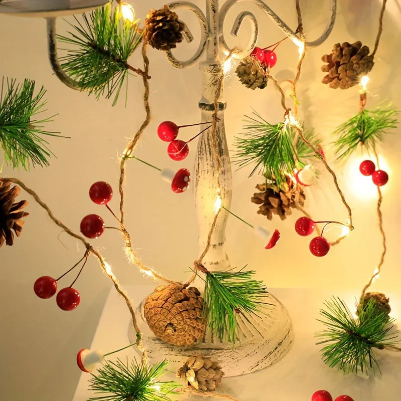 [Christmas Light String] Christmas Decoration Light String | 1pc, Green Leaf Pine Needle (Plastic Pine Cone) Mushroom Light, 6.56 Feet 20 LED, No Battery - New Year, Office, Room, Wedding, Home Wall Decoration House Of Avana