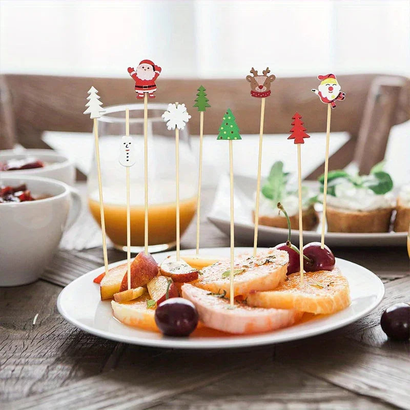 [Christmas Party Supplies] 30pcs Festive Christmas Roostertail Picks Set - Holiday Party Supplies with Snowflakes, Snowmen, Reindeer & Designs, Seasonal Table Decor, Hand Wash Only House Of Avana [[SKU:HOA-MSC-035]]