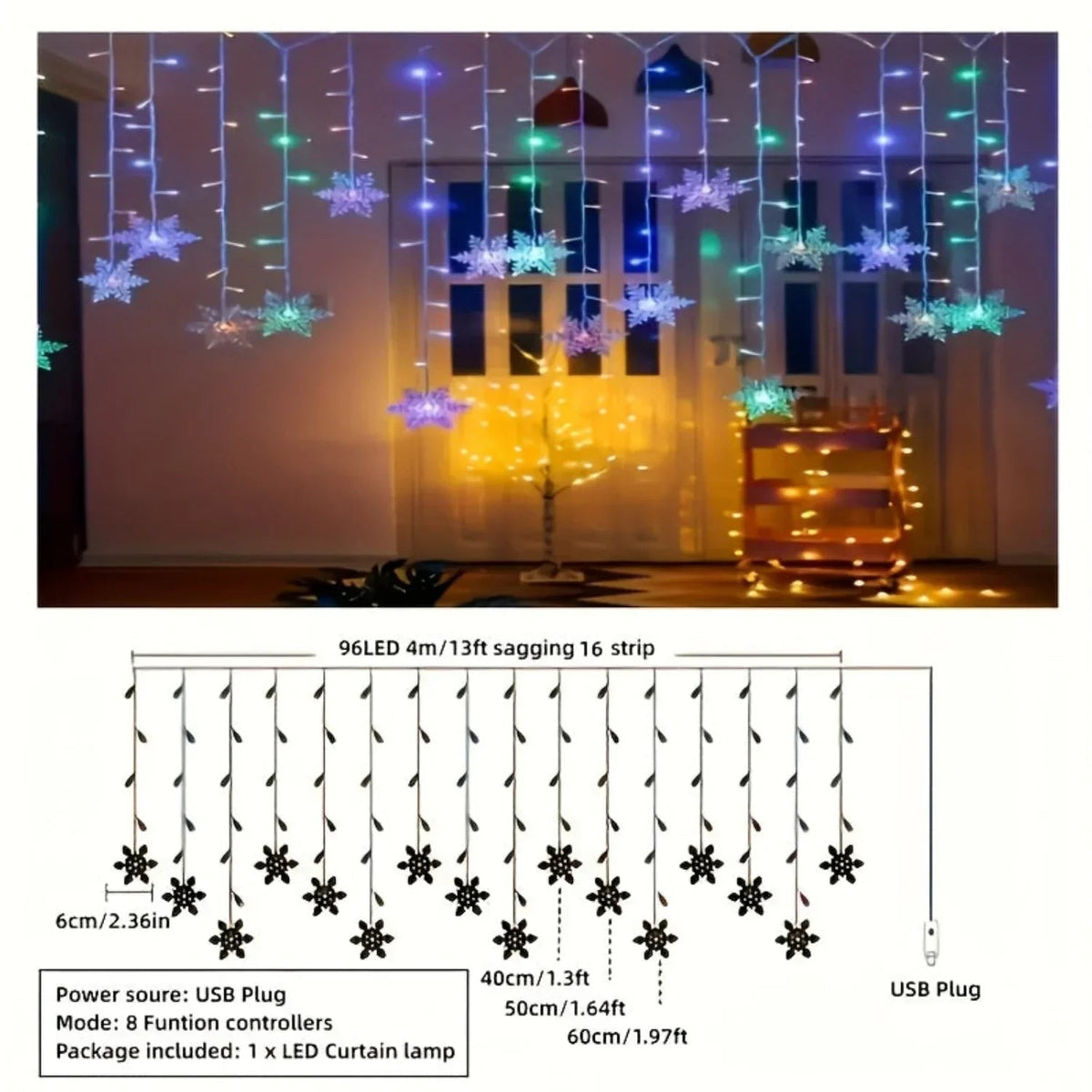 1pc 96LED Snowflake Lights, 8 Modes Twinkle Fairy Icicle String Light, USB Christmas Decorations Light, Perfect for Indoor Christmas & Easter Halloween Party Decorations, Perfect Gift for Christmas, Birthday, New Year, Usb Li House Of Avana [[SKU:HOA-MSC-027]]