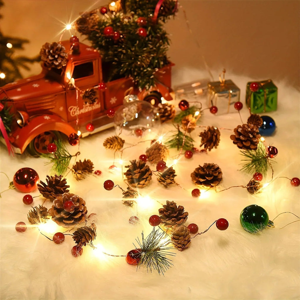 1pc 20-LED Warm White & Multicolor Fairy Lights with Pine Cones & Red Baubles - 199.95cm Indoor/ Christmas Tree, Wedding, Party, Home Decorations - Plug-in String Lights with On/Off Control, Durable Plastic Construction, ( No House Of Avana [[SKU:HOA-GDN-028]]