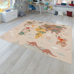 Play Mat Lilo Educational Kids Rug with World Map & Dinosaurs in Beige RugYourHome