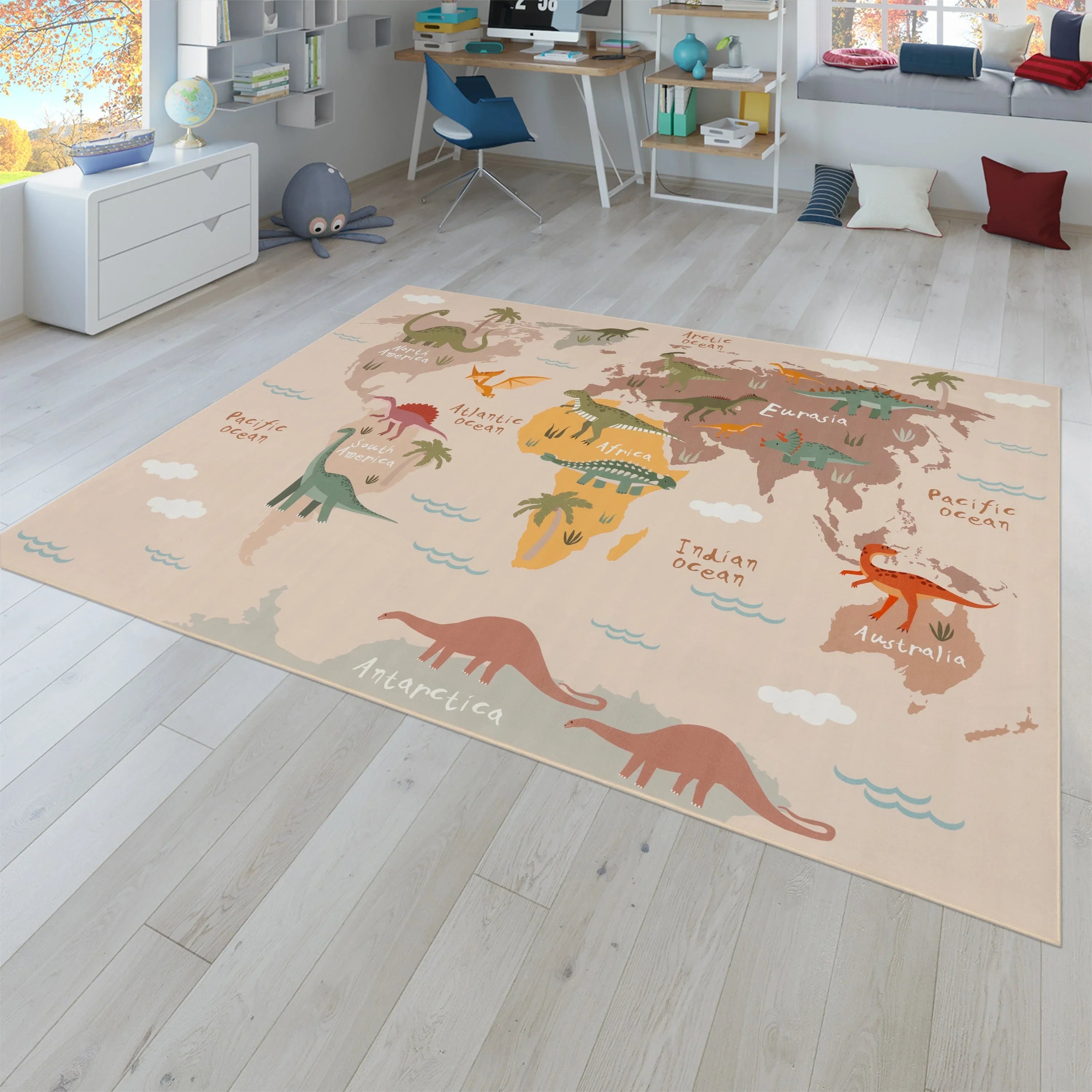 Play Mat Lilo Educational Kids Rug with World Map & Dinosaurs in Beige RugYourHome
