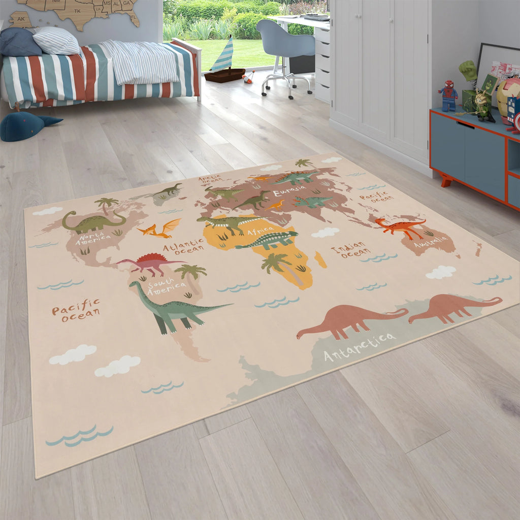 Play Mat Lilo Educational Kids Rug with World Map & Dinosaurs in Beige RugYourHome