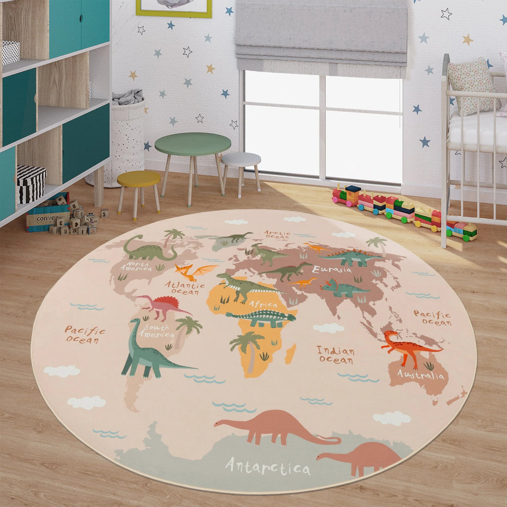 Play Mat Lilo Educational Kids Rug with World Map & Dinosaurs in Beige RugYourHome