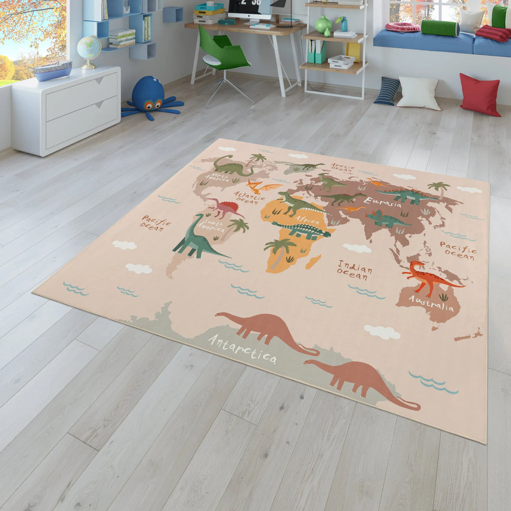 Play Mat Lilo Educational Kids Rug with World Map & Dinosaurs in Beige RugYourHome