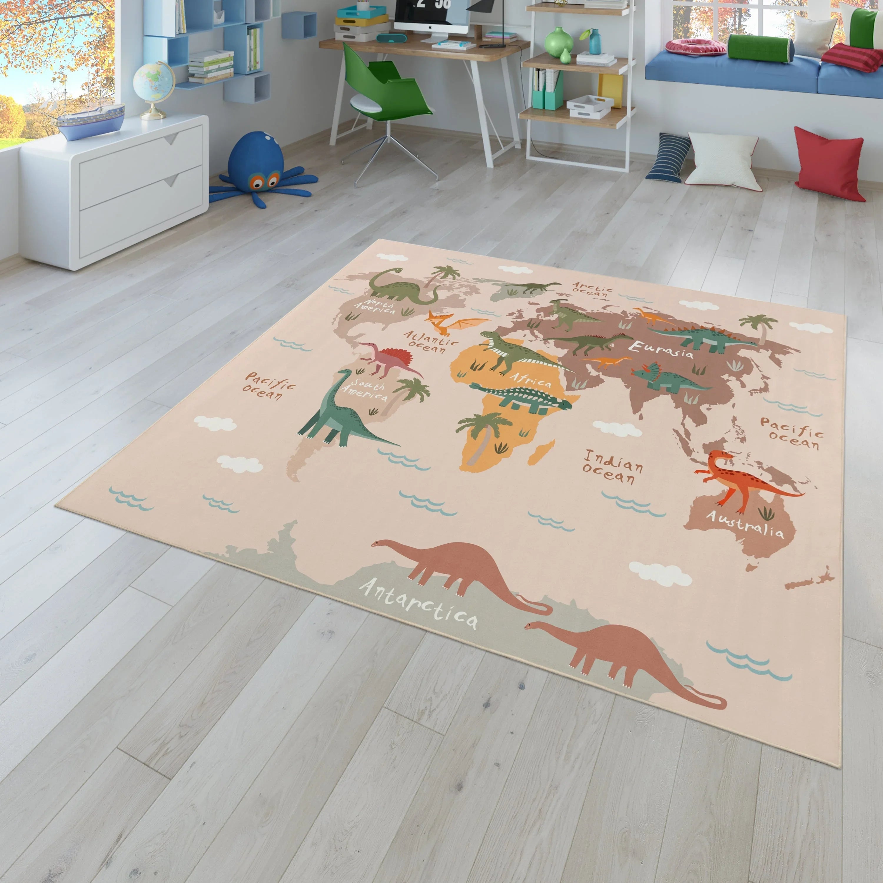 Play Mat Lilo Educational Kids Rug with World Map & Dinosaurs in Beige RugYourHome