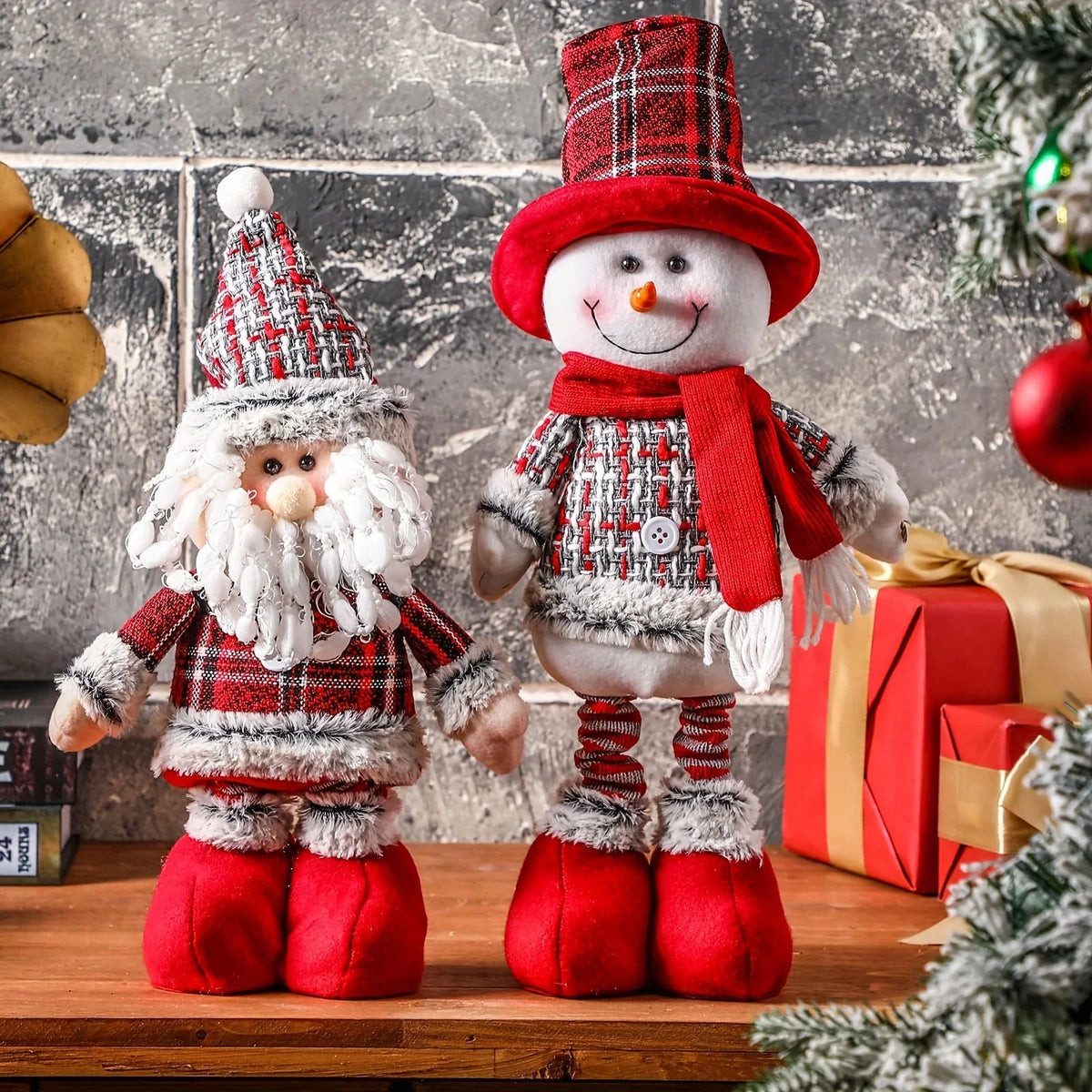 2pcs Christmas Gnome Plush Decorations-Long Leg Christmas Plush Doll, Stretchable Santa Claus And Snowman Figurines, Standing Dwarf Figurines for Shelf, Table, Fireplace, Room, Tieres Tray, Desk, Living Room, Dining Room, Cof House Of Avana [[SKU:HOA-XMS-007]]