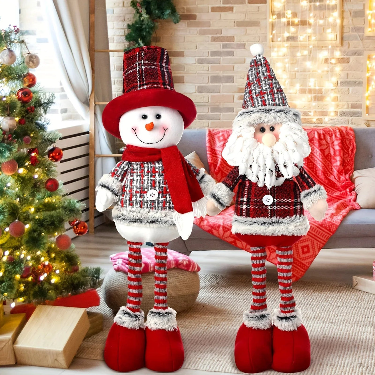 2pcs Christmas Gnome Plush Decorations-Long Leg Christmas Plush Doll, Stretchable Santa Claus And Snowman Figurines, Standing Dwarf Figurines for Shelf, Table, Fireplace, Room, Tieres Tray, Desk, Living Room, Dining Room, Cof House Of Avana [[SKU:HOA-XMS-007]]