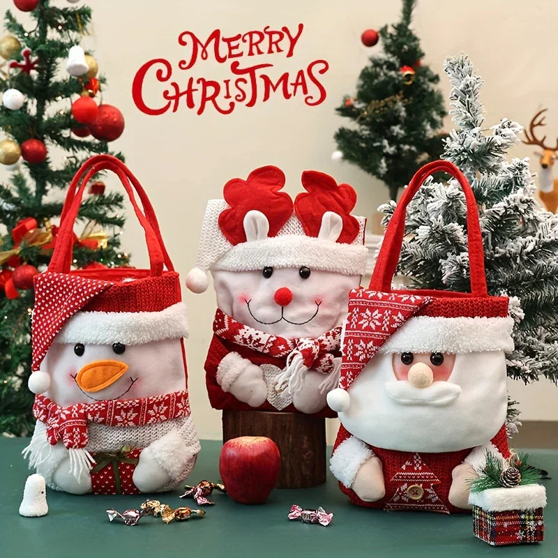 1 Set Christmas Themed Fabric Gift Bags with Cartoon Designs - Santa, Snowman, Reindeer - Holiday Candy and Apple Tote with Flap Lid for Festive Party Decor, Perfect Christmas Gift Bags, Polyester Fiber, No Feathers, Battery- House Of Avana