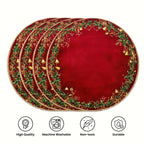 4pcs Red & Golden Round Placemats - Elegant Burgundy Golden Green Leaf Pattern Table Mats, Non-Toxic Durable Polyester 38.1 cm for Christmas Dinner Party, Wedding, Banquet, Holiday Table Decorations (Hand Wash Only), Christma House Of Avana