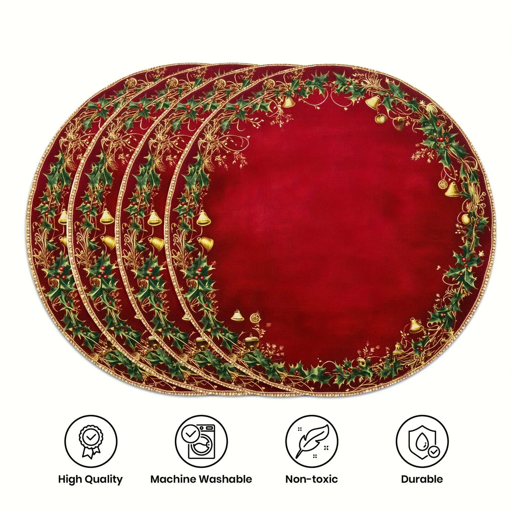 4pcs Red & Golden Round Placemats - Elegant Burgundy Golden Green Leaf Pattern Table Mats, Non-Toxic Durable Polyester 38.1 cm for Christmas Dinner Party, Wedding, Banquet, Holiday Table Decorations (Hand Wash Only), Christma House Of Avana [[SKU:HOA-TBL-015]]