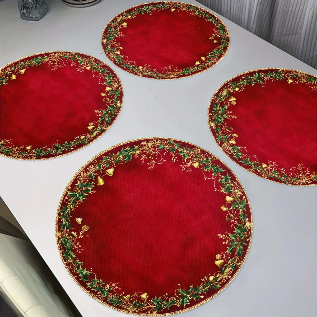 4pcs Red & Golden Round Placemats - Elegant Burgundy Golden Green Leaf Pattern Table Mats, Non-Toxic Durable Polyester 38.1 cm for Christmas Dinner Party, Wedding, Banquet, Holiday Table Decorations (Hand Wash Only), Christma House Of Avana [[SKU:HOA-TBL-015]]