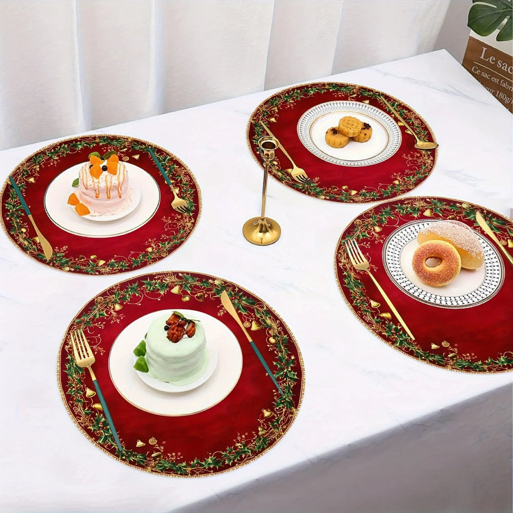 4pcs Red & Golden Round Placemats - Elegant Burgundy Golden Green Leaf Pattern Table Mats, Non-Toxic Durable Polyester 38.1 cm for Christmas Dinner Party, Wedding, Banquet, Holiday Table Decorations (Hand Wash Only), Christma House Of Avana [[SKU:HOA-TBL-015]]