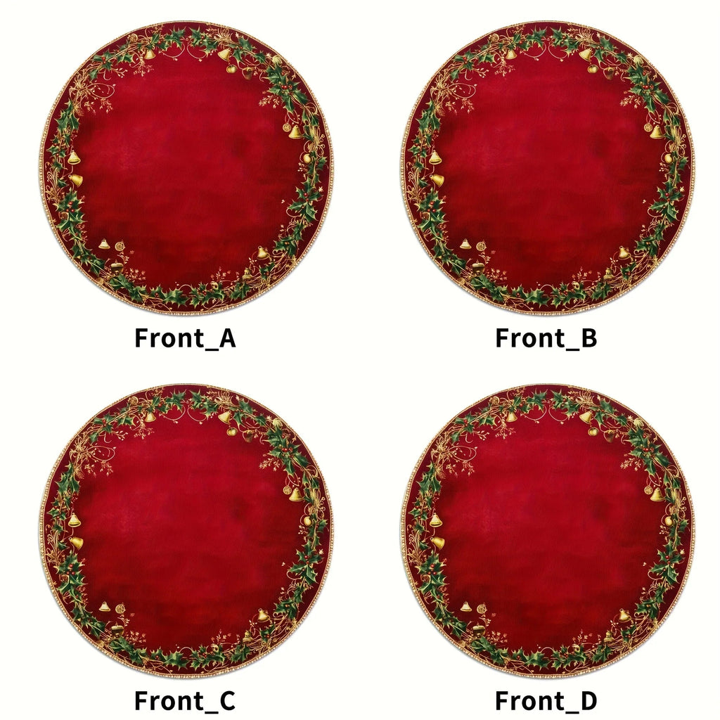 4pcs Red & Golden Round Placemats - Elegant Burgundy Golden Green Leaf Pattern Table Mats, Non-Toxic Durable Polyester 38.1 cm for Christmas Dinner Party, Wedding, Banquet, Holiday Table Decorations (Hand Wash Only), Christma House Of Avana [[SKU:HOA-TBL-015]]