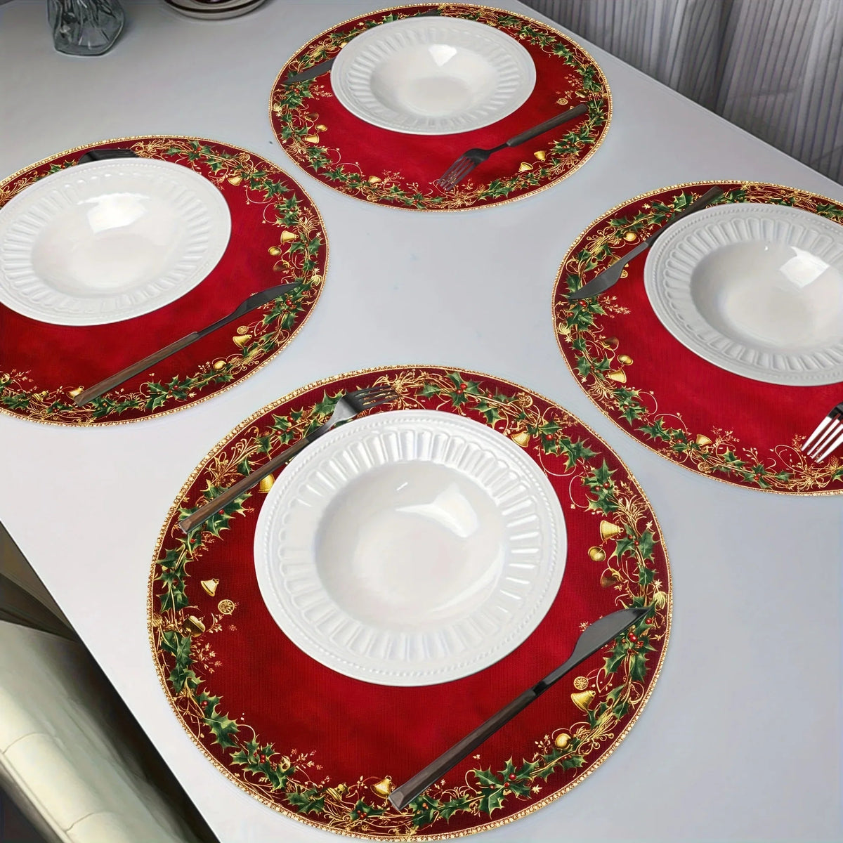 4pcs Red & Golden Round Placemats - Elegant Burgundy Golden Green Leaf Pattern Table Mats, Non-Toxic Durable Polyester 38.1 cm for Christmas Dinner Party, Wedding, Banquet, Holiday Table Decorations (Hand Wash Only), Christma House Of Avana [[SKU:HOA-TBL-015]]