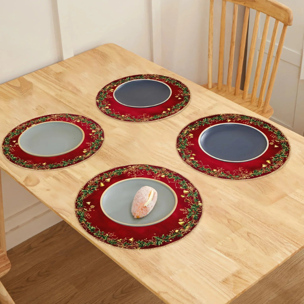 4pcs Red & Golden Round Placemats - Elegant Burgundy Golden Green Leaf Pattern Table Mats, Non-Toxic Durable Polyester 38.1 cm for Christmas Dinner Party, Wedding, Banquet, Holiday Table Decorations (Hand Wash Only), Christma House Of Avana [[SKU:HOA-TBL-015]]
