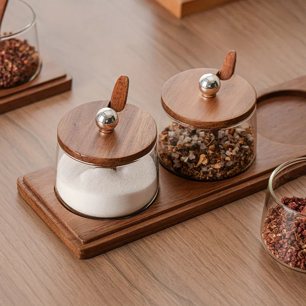 A Complete Kitchen Condiment Pot Set with a Spoon and a Acacia Wood Tray. the Jars Are Home Combination... - House Of Avana