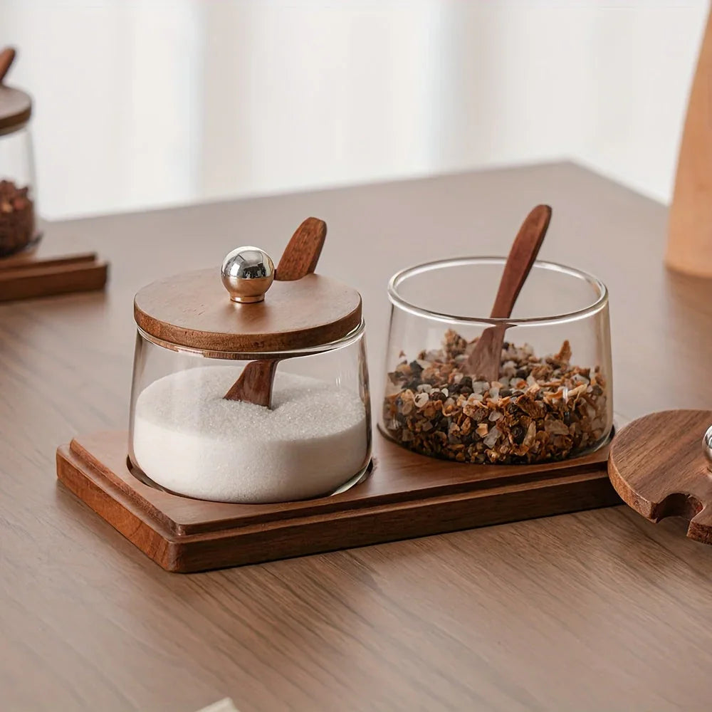 A Complete Kitchen Condiment Pot Set with a Spoon and a Acacia Wood Tray. the Jars Are Home Combination... - House Of Avana