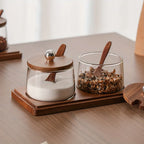 A Complete Kitchen Condiment Pot Set with a Spoon and a Acacia Wood Tray. the Jars Are Home Combination... - House Of Avana