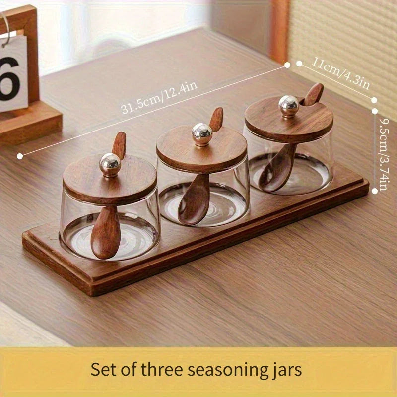 A Complete Kitchen Condiment Pot Set with a Spoon and a Acacia Wood Tray. the Jars Are Home Combination... - House Of Avana