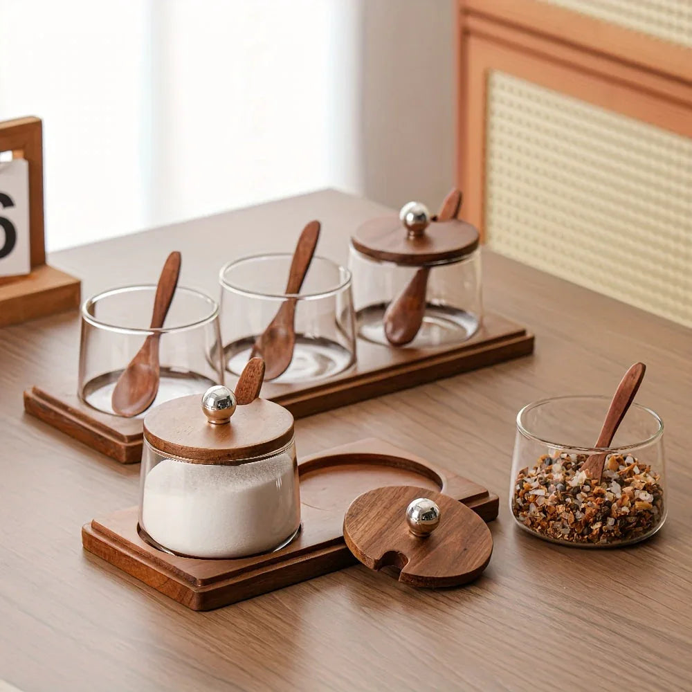 A Complete Kitchen Condiment Pot Set with a Spoon and a Acacia Wood Tray. the Jars Are Home Combination... - House Of Avana