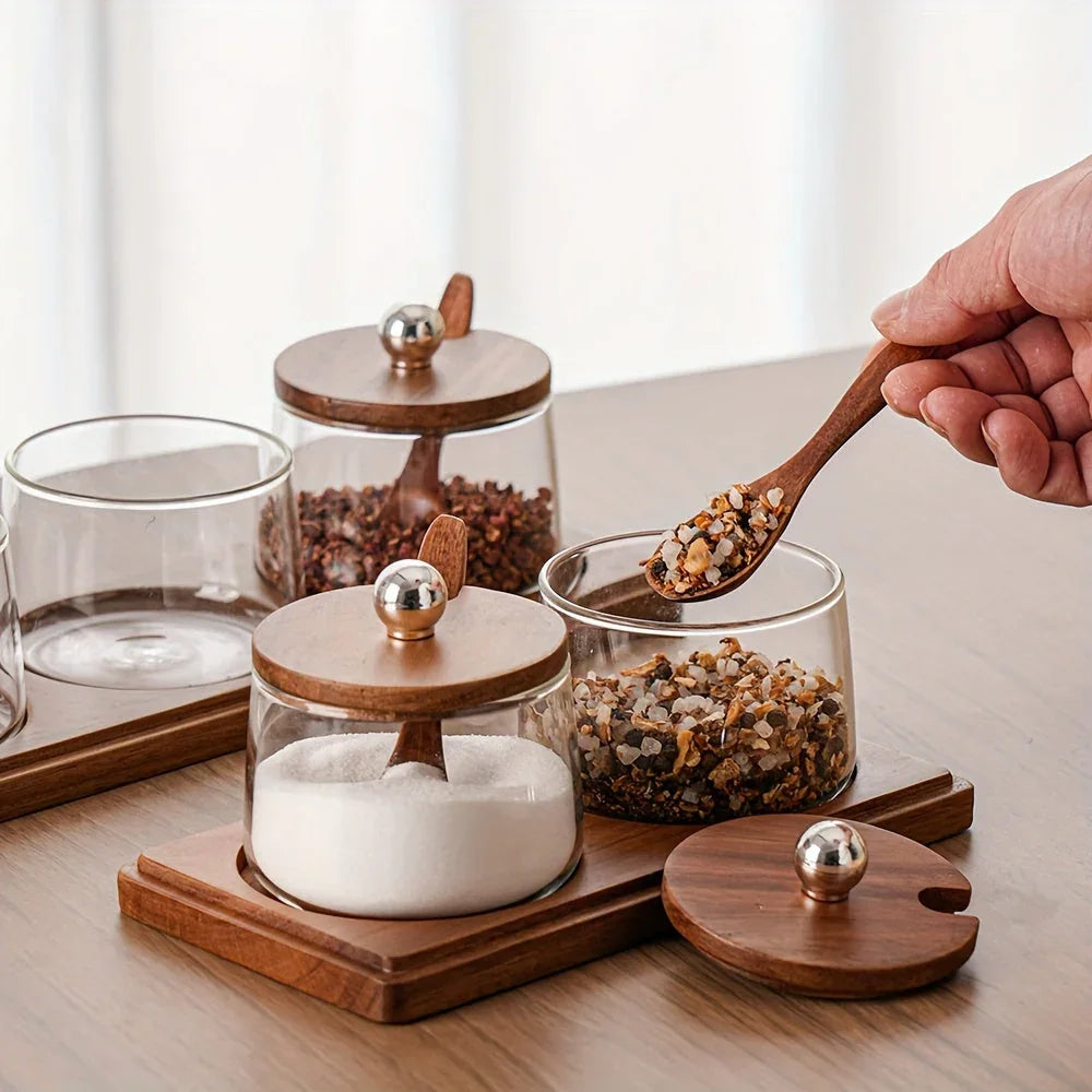 A Complete Kitchen Condiment Pot Set with a Spoon and a Acacia Wood Tray. the Jars Are Home Combination... - House Of Avana
