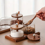 A Complete Kitchen Condiment Pot Set with a Spoon and a Acacia Wood Tray. the Jars Are Home Combination... - House Of Avana
