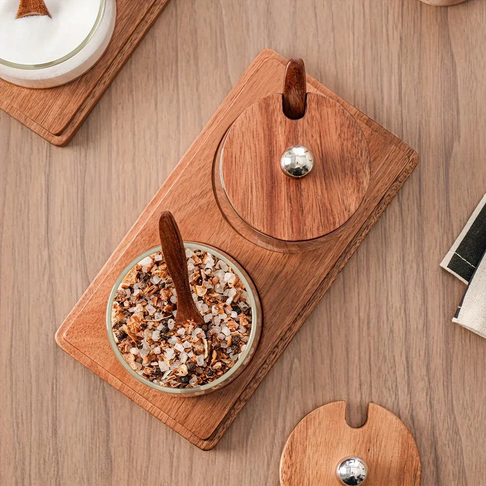 A Complete Kitchen Condiment Pot Set with a Spoon and a Acacia Wood Tray. the Jars Are Home Combination... - House Of Avana