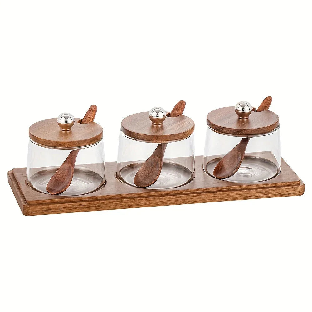 A Complete Kitchen Condiment Pot Set with a Spoon and a Acacia Wood Tray. the Jars Are Home Combination... - House Of Avana