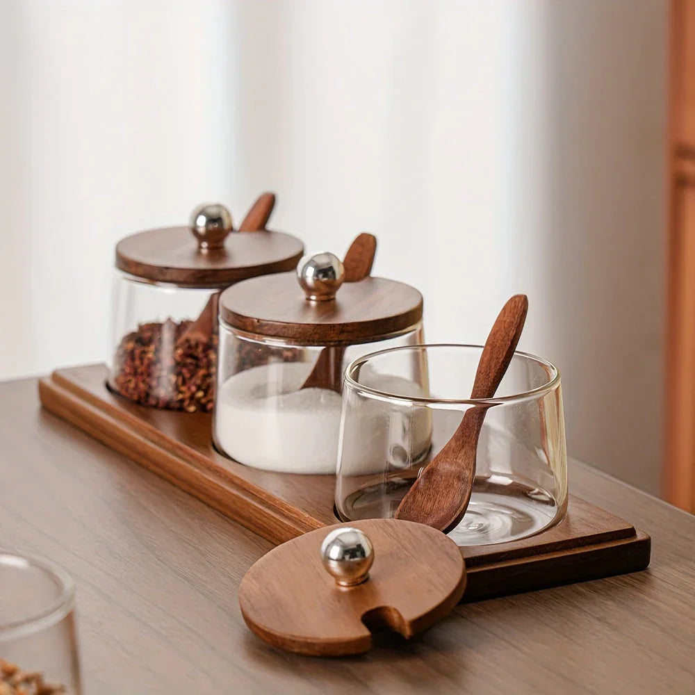 A Complete Kitchen Condiment Pot Set with a Spoon and a Acacia Wood Tray. the Jars Are Home Combination... - House Of Avana