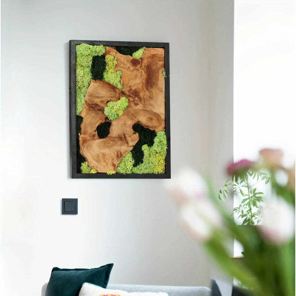 Green preserved moss wall art on natural wood, unique grain patterns, rustic rectangular frame - House of Avana