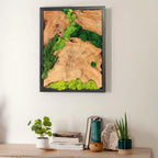 Green preserved moss wall art on natural wood, unique grain patterns, rustic rectangular frame - House of Avana