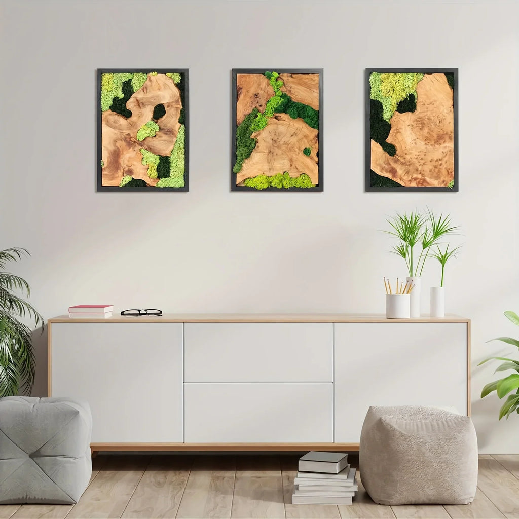 Green preserved moss wall art on natural wood, unique grain patterns, rustic rectangular frame - House of Avana