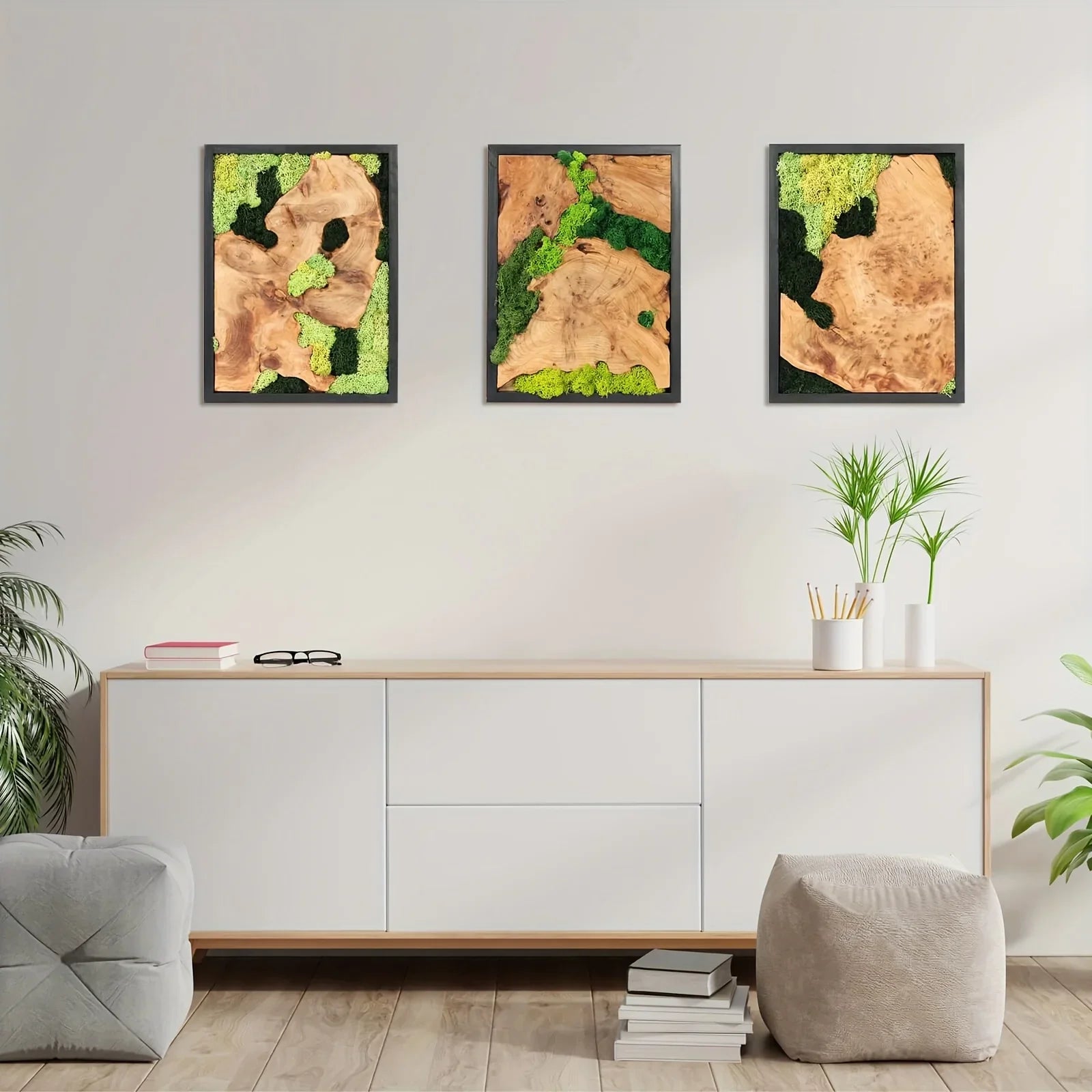 Green preserved moss wall art on natural wood, unique grain patterns, rustic rectangular frame - House of Avana