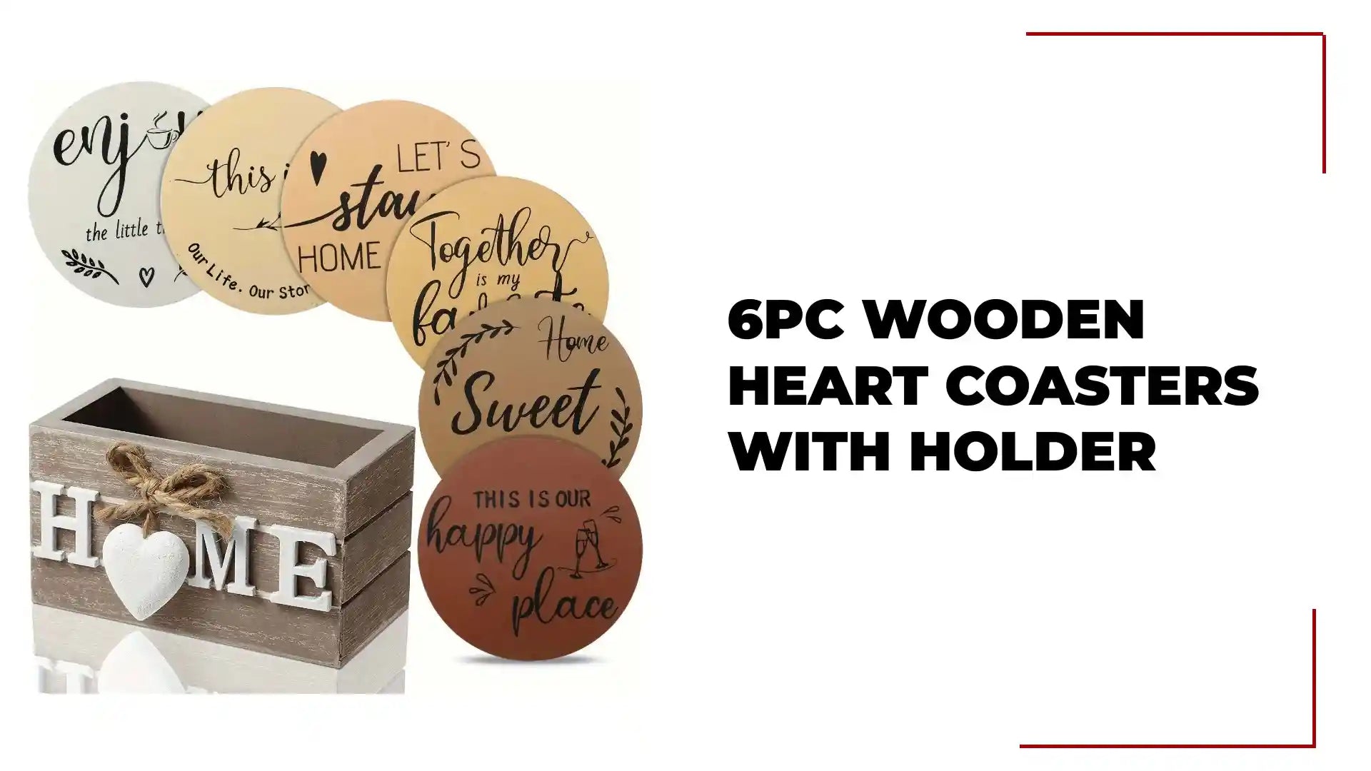 6pc Wooden Heart Coasters with Holder by@Outfy