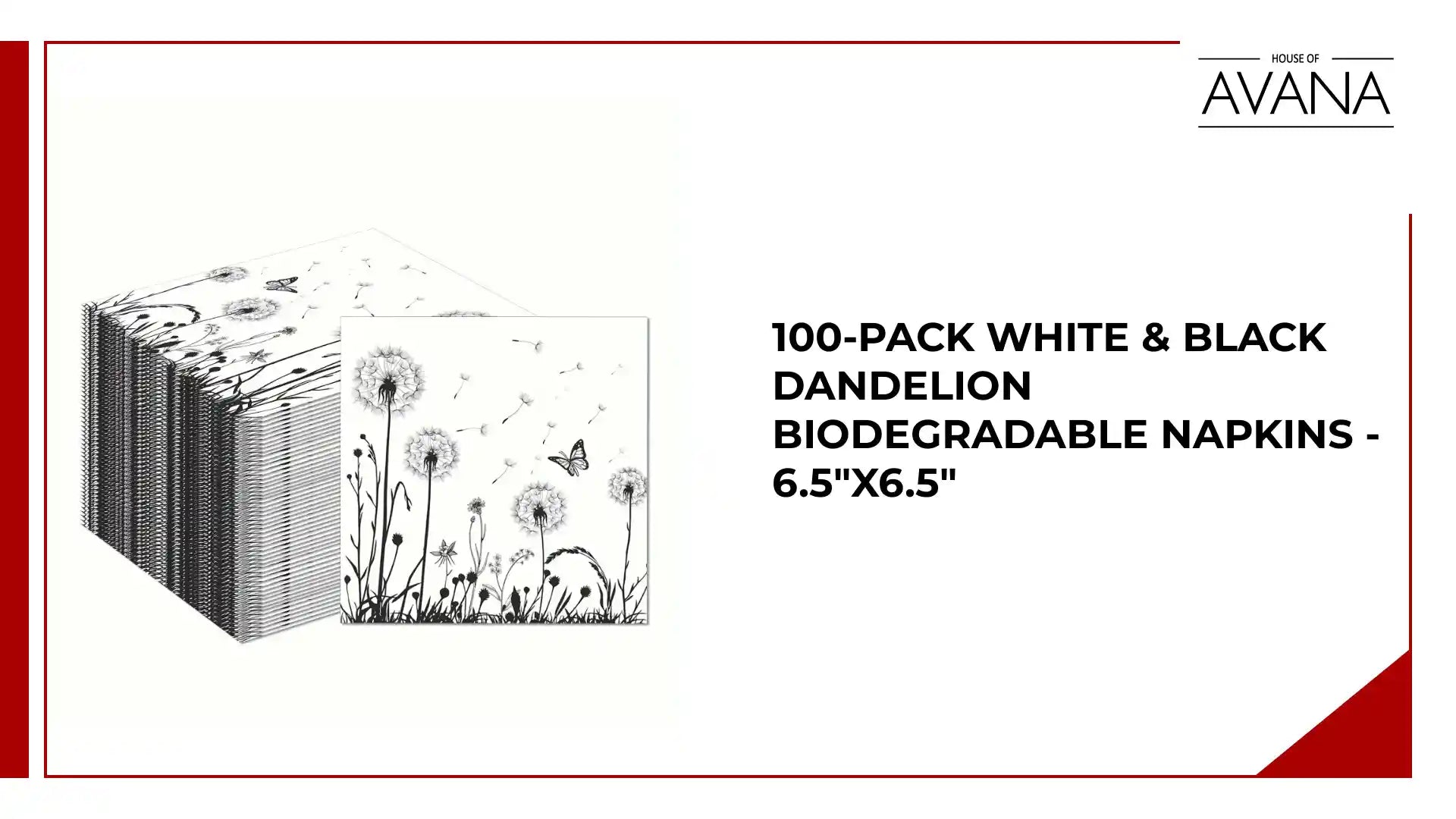 100-Pack White &amp; Black Dandelion Biodegradable Napkins - 6.5&quot;x6.5&quot; by@Outfy