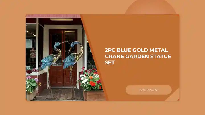 2pc Blue Gold Metal Crane Garden Statue Set by@Outfy