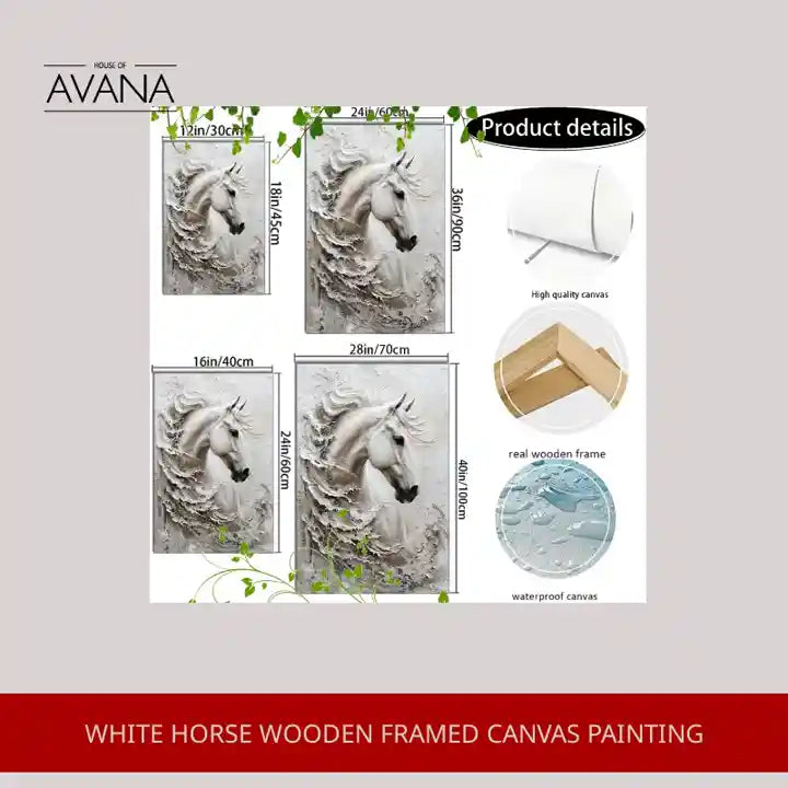 White Horse Wooden Framed Canvas Painting by@Outfy