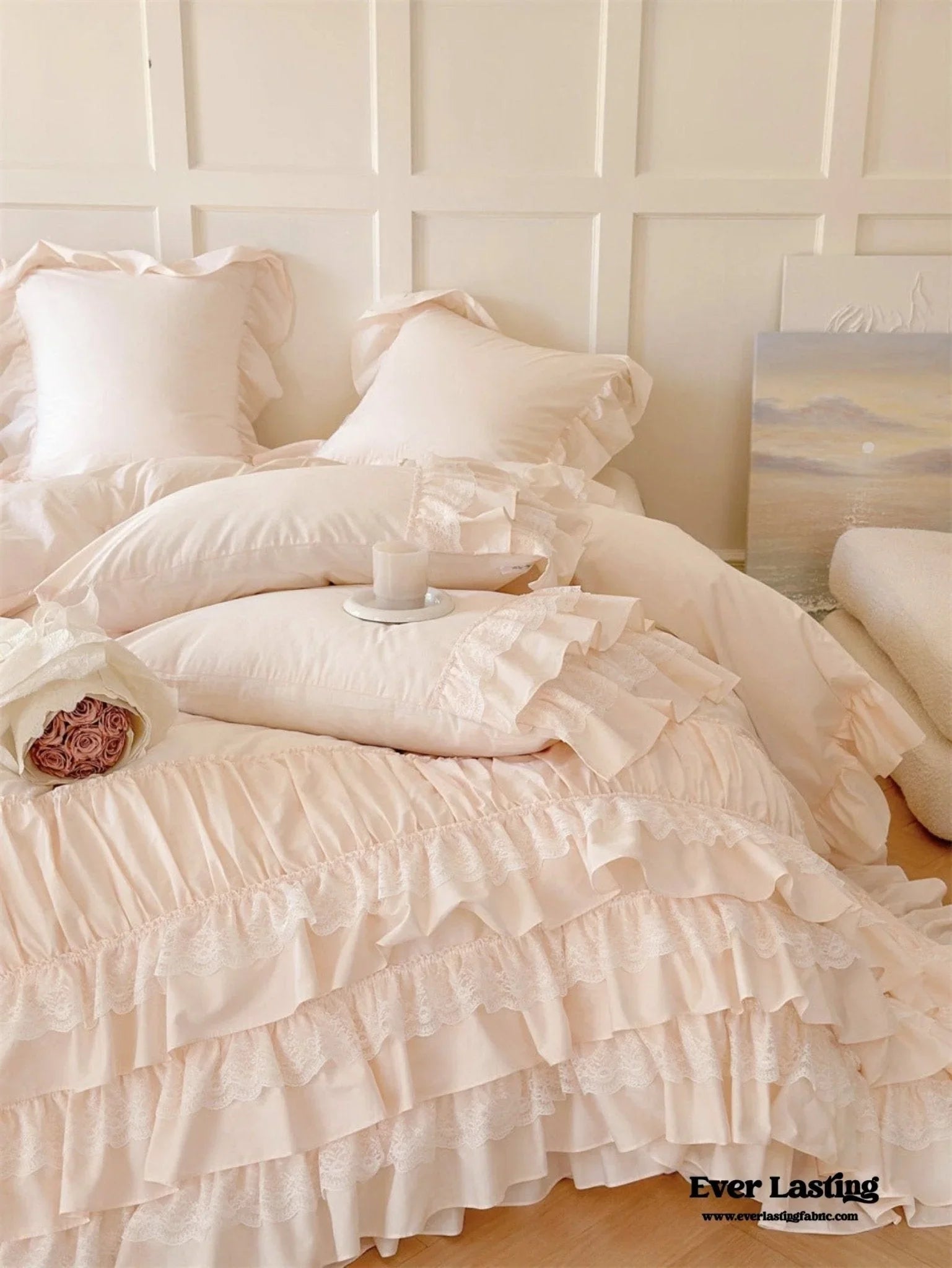 Princess Ruffle Lace Washed Cotton Bedding Set / Pink Ever Lasting