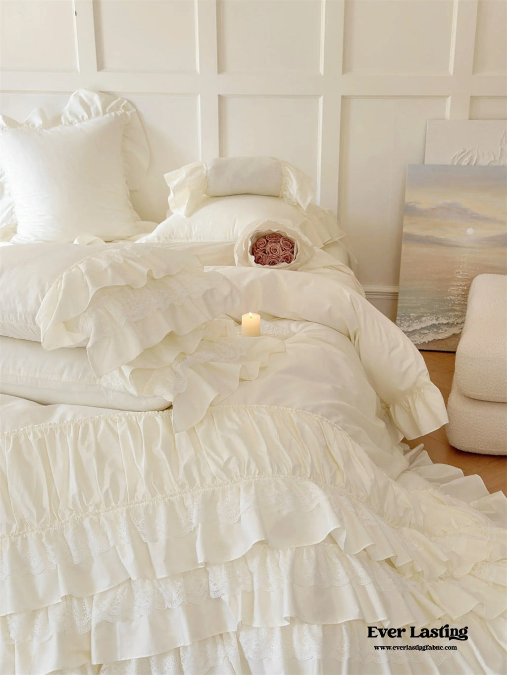 Princess Ruffle Lace Washed Cotton Bedding Set / Pink Ever Lasting