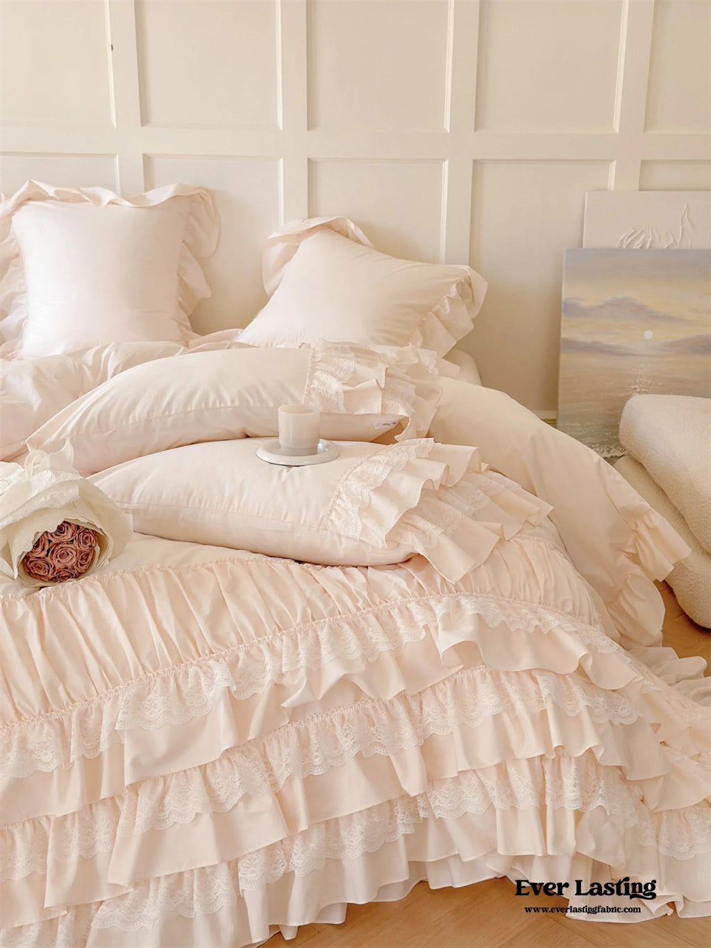 Princess Ruffle Lace Washed Cotton Bedding Set / Pink Ever Lasting
