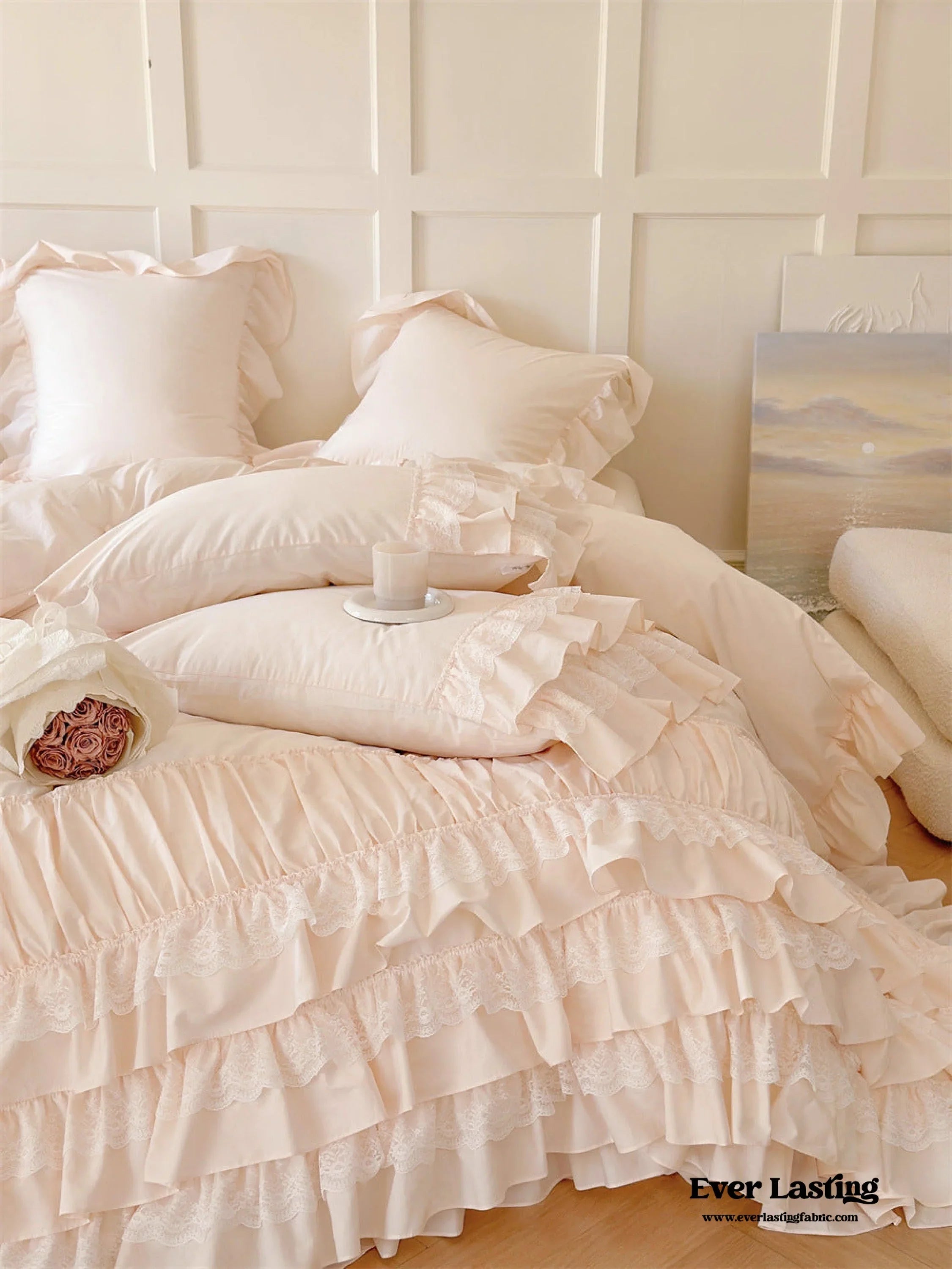 Princess Ruffle Lace Washed Cotton Bedding Set / Pink Ever Lasting