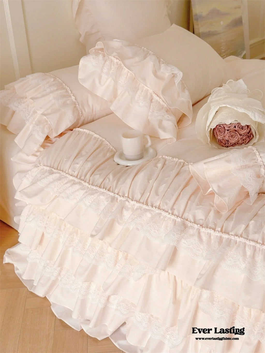 Princess Ruffle Lace Washed Cotton Bedding Set / Pink Ever Lasting