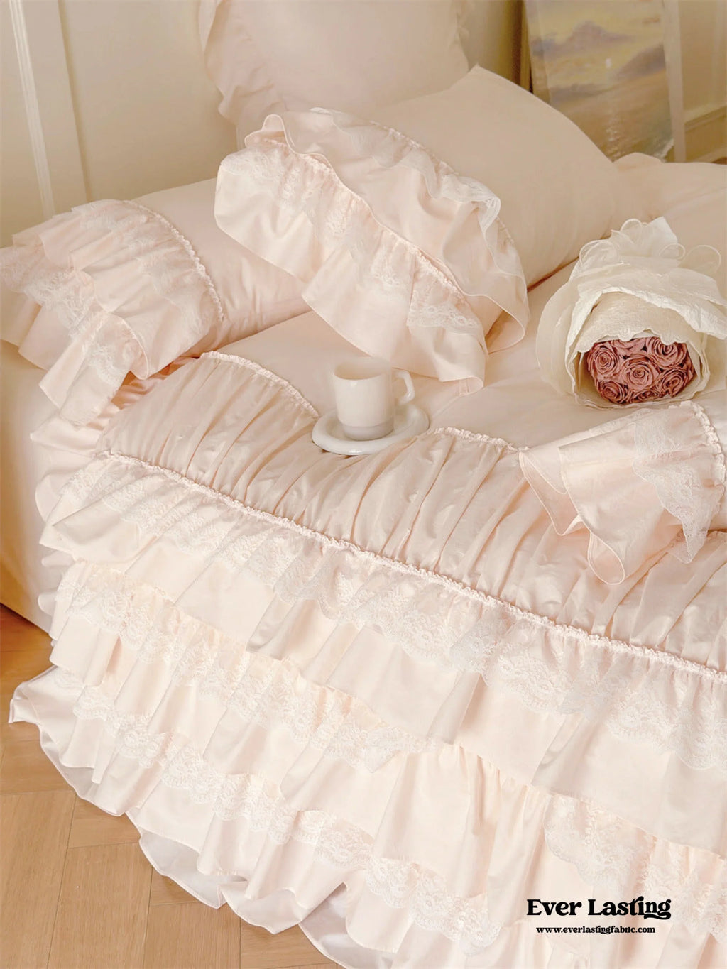 Princess Ruffle Lace Washed Cotton Bedding Set / Pink Ever Lasting